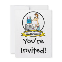 WORLDS GREATEST SALES CLERK MEN CARTOON PERSONALIZED INVITES