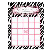 Writable Bingo Card Girly Butterfly Zebra Print Postcard