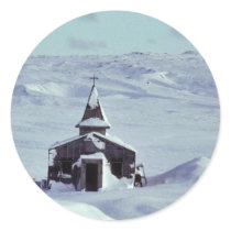 WW II Church in Winter on Amchitka Island Round Sticker