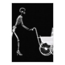X-RAY SKELETON WOMAN & BABY CARRIAGE - B&W PERSONALIZED INVITES
