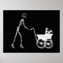 X-RAY SKELETON WOMAN & BABY CARRIAGE - B&W POSTER
