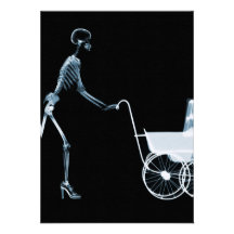 X-RAY SKELETON WOMAN & BABY CARRIAGE - BLUE CUSTOM ANNOUNCEMENTS