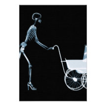 X-RAY SKELETON WOMAN & BABY CARRIAGE - BLUE INVITATION
