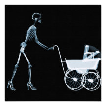 X-RAY SKELETON WOMAN & BABY CARRIAGE - BLUE PERSONALIZED INVITE