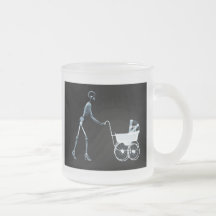 X-RAY SKELETON WOMAN & BABY CARRIAGE - BLUE COFFEE MUGS