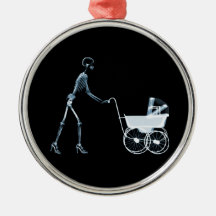 X-RAY SKELETON WOMAN & BABY CARRIAGE - BLUE ORNAMENTS