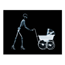 X-RAY SKELETON WOMAN & BABY CARRIAGE - BLUE POSTCARD