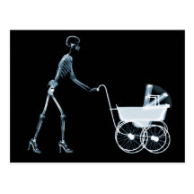 X-RAY SKELETON WOMAN & BABY CARRIAGE - BLUE POSTCARD