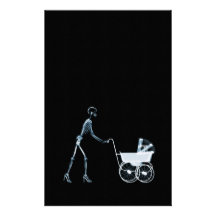 X-RAY SKELETON WOMAN & BABY CARRIAGE - BLUE STATIONERY DESIGN