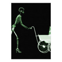 X-RAY SKELETON WOMAN & BABY CARRIAGE - GREEN INVITATION