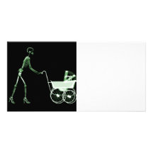 X-RAY SKELETON WOMAN & BABY CARRIAGE - GREEN PHOTO CARDS