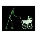X-RAY SKELETON WOMAN & BABY CARRIAGE - GREEN POST CARDS