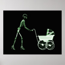 X-RAY SKELETON WOMAN & BABY CARRIAGE - GREEN POSTER
