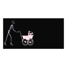 X-RAY SKELETON WOMAN & BABY CARRIAGE - PINK CUSTOM PHOTO CARD