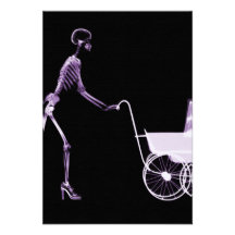 X-RAY SKELETON WOMAN & BABY CARRIAGE - PURPLE PERSONALIZED INVITES