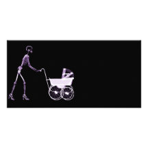 X-RAY SKELETON WOMAN & BABY CARRIAGE - PURPLE PICTURE CARD