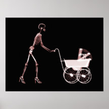 X-RAY SKELETON WOMAN & BABY CARRIAGE - RED PRINT