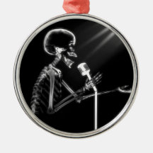 X-RAY VISION SKELETON SINGING ON RETRO MIC - B&W ORNAMENT