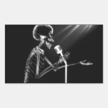 X-RAY VISION SKELETON SINGING ON RETRO MIC - B&W RECTANGULAR STICKERS