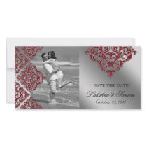 Xmas Damask Photocard Save the Date Sparkle Red Photo Greeting Card
