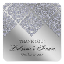 Xmas Damask Thank You Stickers Silver Sparkle