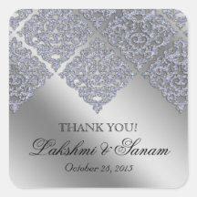 Xmas Damask Thank You Stickers Silver Sparkle