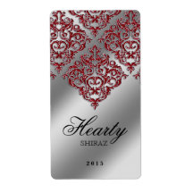 Xmas Damask Wedding Wine Label Sparkle Red