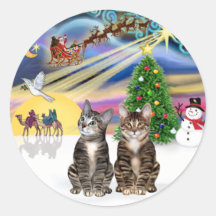 Xmas Magic (R) - Two Brown Tabby cats Round Stickers