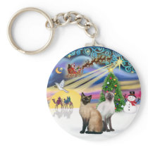 Xmas Magic (R) - Two Siamese cats Key Chain