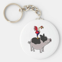 XX- Rooster on a Pot Bellied Pig Cartoon Key Chain
