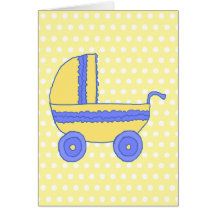 Yellow and Blue Baby Stroller. Greeting Cards