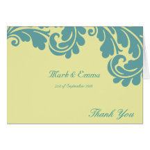 Yellow and teal damask wedding Thank you card
