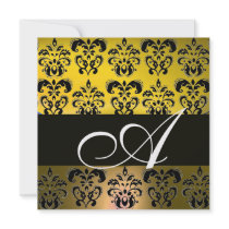 YELLOW BLACK  DAMASK MONOGRAM , white Custom Invitations