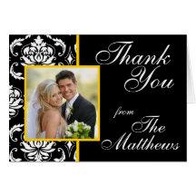 Yellow Black Damask Wedding Photo Thank You Card