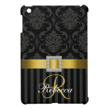 YELLOW BLACK GREY DAMASK MONOGRAM COVER FOR THE iPad MINI