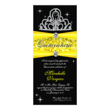 Yellow Black Princess Tiara Quinceanera tea length Personalized Invitation