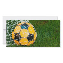 Yellow & Black Soccer Ball in Net Customized Photo Card