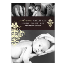 Yellow & Brown Damask Birth Announcement