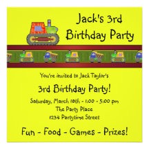 Yellow Bulldozer Boy 3rd Birthday Party Invitation