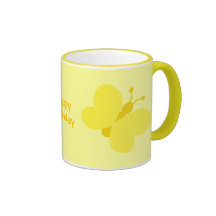 Yellow cartoon butterflies Birthday ringer mug