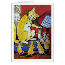 Yellow Cat Plays the Violin For Happy Dancing Rats Greeting Cards