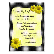 Yellow Daisy Black and White Polkadots Invitations