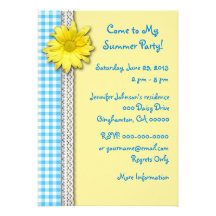 Yellow Daisy Turquoise White Gingham Custom Invites