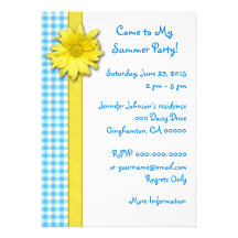 Yellow Daisy Turquoise White Gingham Custom Invitations