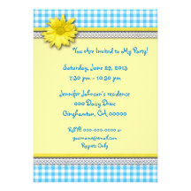 Yellow Daisy Turquoise White Gingham Invitations