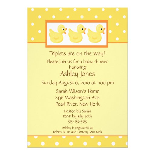Yellow Ducks Triplets Baby Shower Personalized Invitations