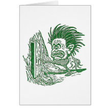 Yellow Dwarf Kicks Open Door in Tree Trunk Greeting Cards