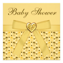 Yellow Flamingos, Printed Bow & Hearts Baby Shower Announcement