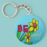 Yellow Flower Be Happy Sky Blue Key Chain Ring keychains