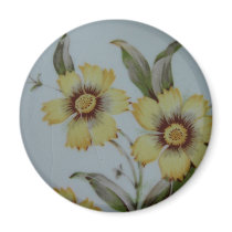 Yellow Flowers on Crackled Vintage Plate Refrigerator Magnet